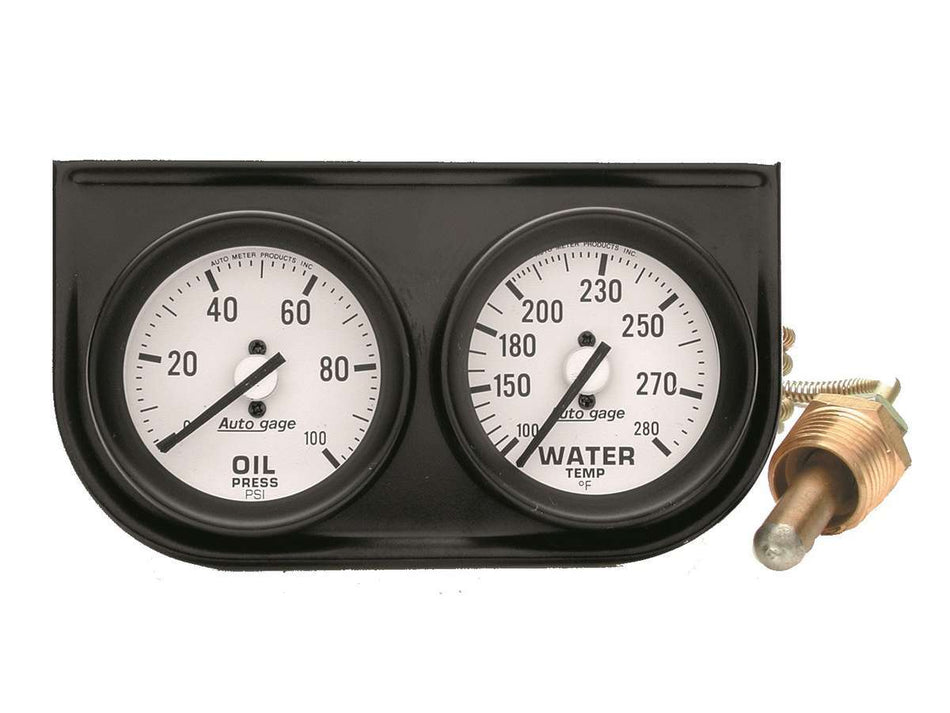AutoMeter Gauge Panel Assembly - Auto Gage - Analog - Oil Pressure / Water Temperature - 2-1/16 in Diameter - White Face - Kit