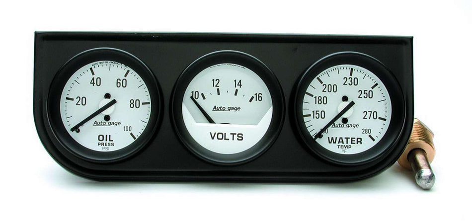 AutoMeter Gauge Panel Assembly - Auto Gage - Analog - Oil Pressure / Voltmeter / Water Temperature - 2-1/16 in Diameter - White Face - Kit