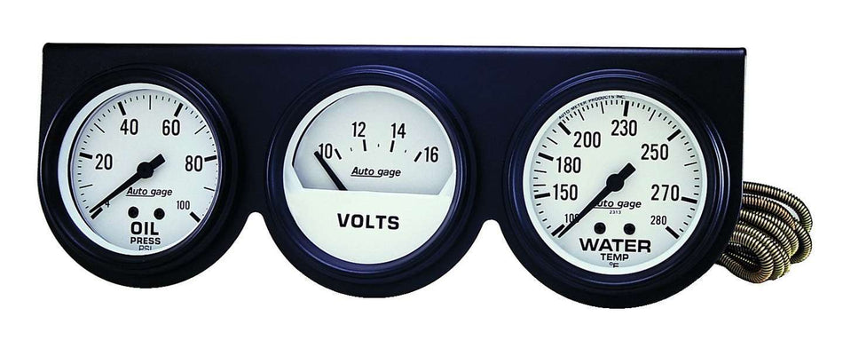 AutoMeter Gauge Panel Assembly - Auto Gage - Analog - Oil Pressure / Voltmeter / Water Temperature - 2-5/8 in Diameter - White Face - Kit
