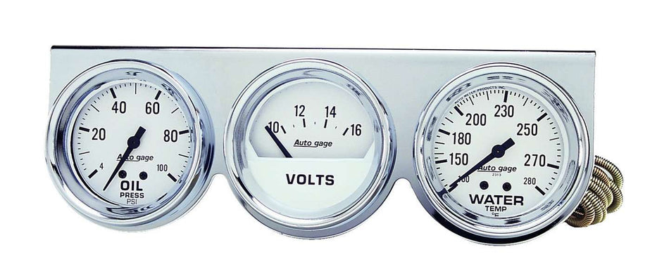 AutoMeter Gauge Panel Assembly - Auto Gage - Analog - Oil Pressure / Voltmeter / Water Temperature - 2-5/8 in Diameter - White Face - Kit