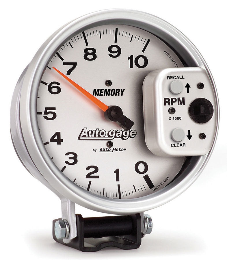AutoMeter Tachometer - Auto Gage - 10000 RPM - Electric - Analog - 5 in Diameter - Pedestal Mount - Memory - White Face - Each