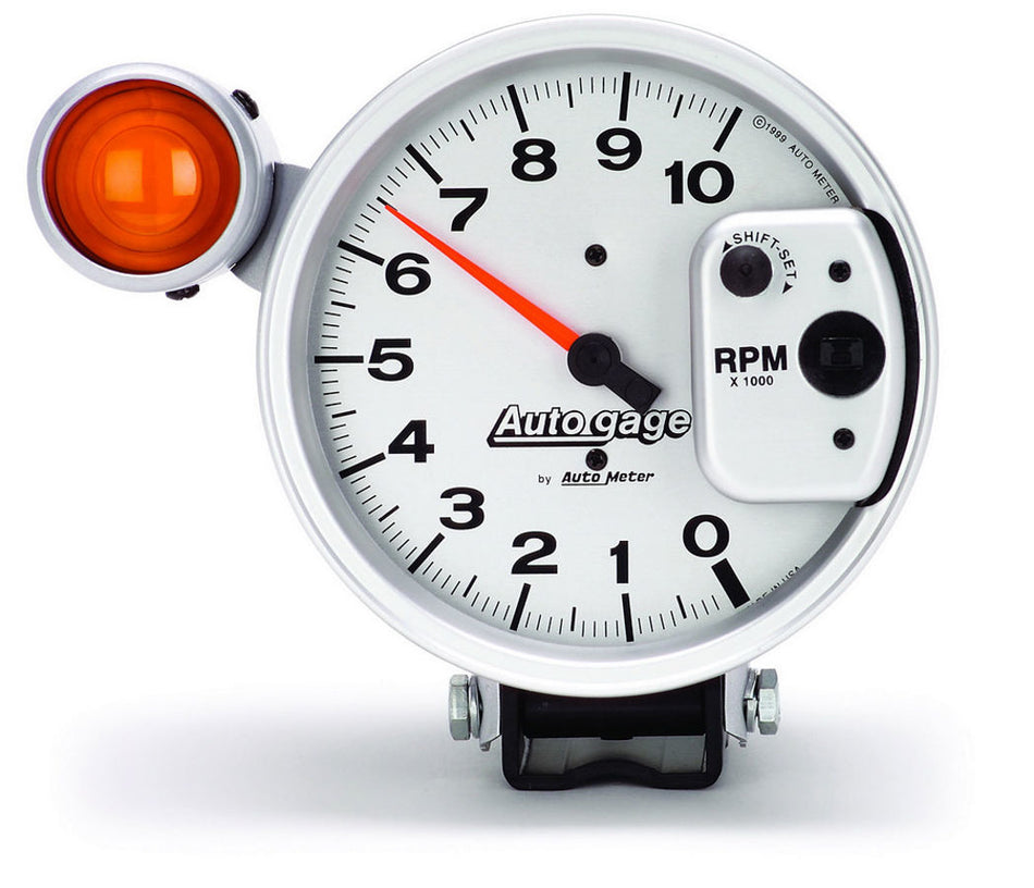 AutoMeter Tachometer - Auto Gage - 10000 RPM - Electric - Analog - 5 in Diameter - Pedestal Mount - Shift Light - Silver Face - Each