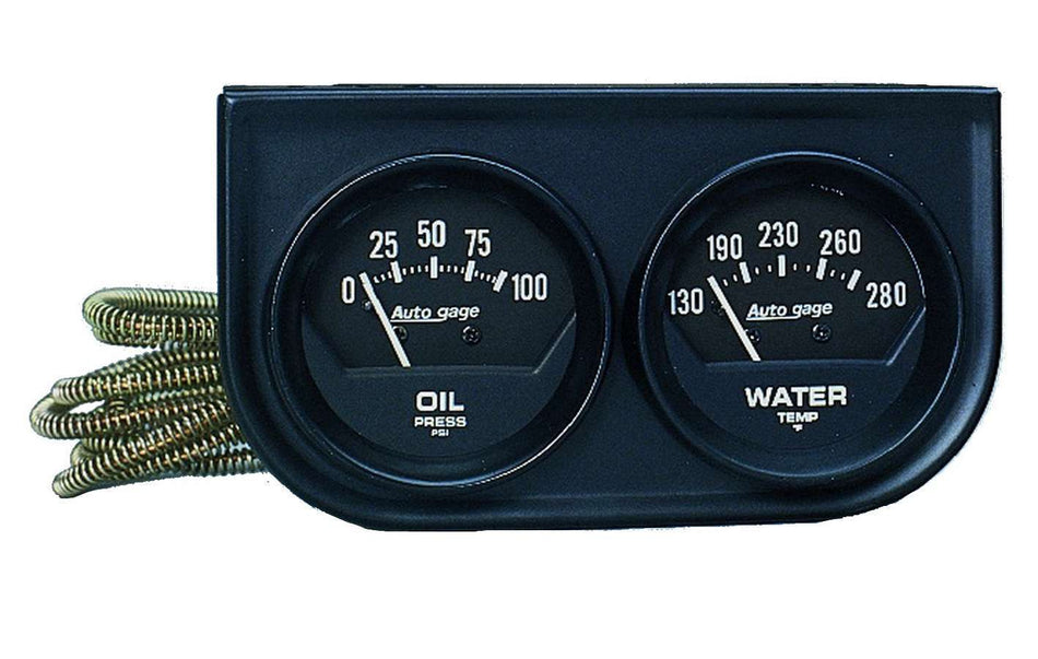 AutoMeter Gauge Panel Assembly - Auto Gage - Analog - Oil Pressure / Water Temperature - 2-1/16 in Diameter - Black Face - Kit
