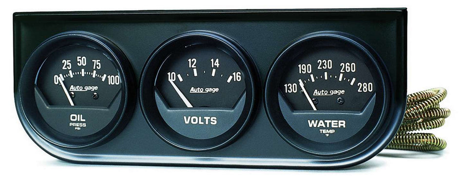 AutoMeter Gauge Panel Assembly - Auto Gage - Analog - Oil Pressure / Voltmeter / Water Temperature - 2-1/16 in Diameter - Black Face - Kit