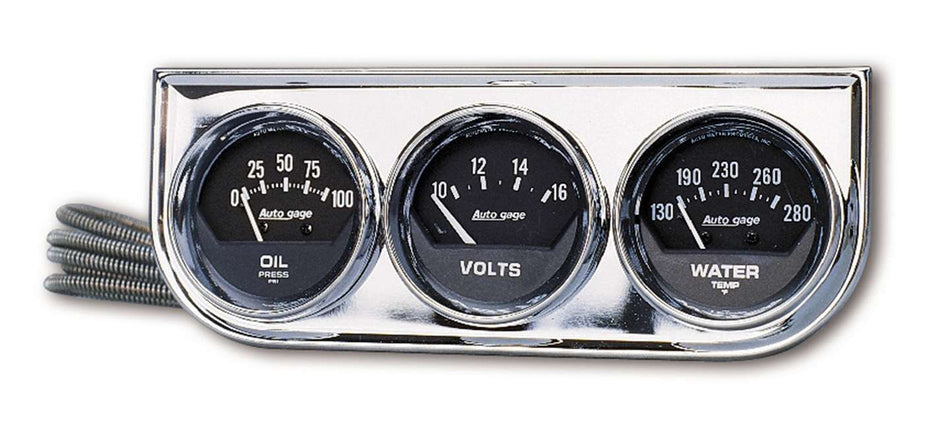 AutoMeter Gauge Panel Assembly - Auto Gage - Analog - Oil Pressure / Voltmeter / Water Temperature - 2-1/16 in Diameter - Black Face - Kit