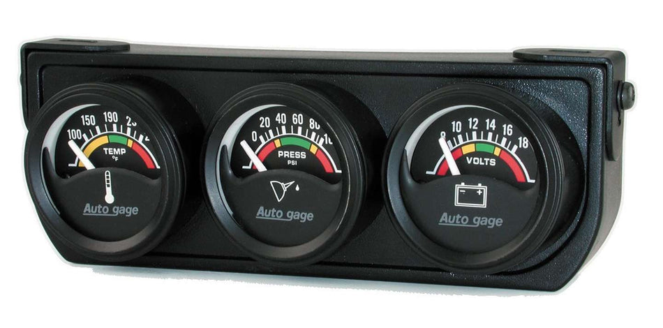 AutoMeter Gauge Panel Assembly - Auto Gage - Analog - Oil Pressure / Voltmeter / Water Temperature - 1-1/2 in Diameter - Black Face - Kit