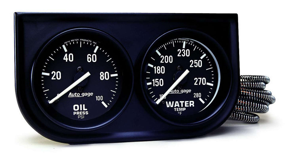 AutoMeter Gauge Panel Assembly - Auto Gage - Analog - Oil Pressure / Water Temperature - 2-1/16 in Diameter - Black Face - Kit
