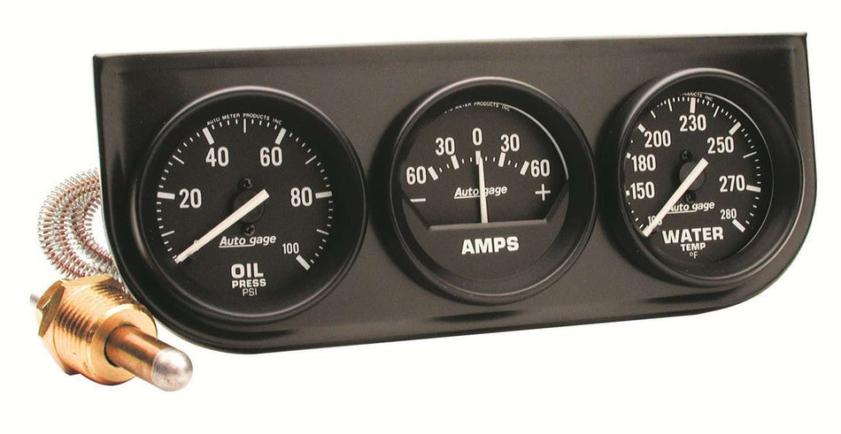 AutoMeter Gauge Panel Assembly - Auto Gage - Analog - amps / Oil Pressure / Water Temperature - 2-1/16 in Diameter - Black Face - Kit