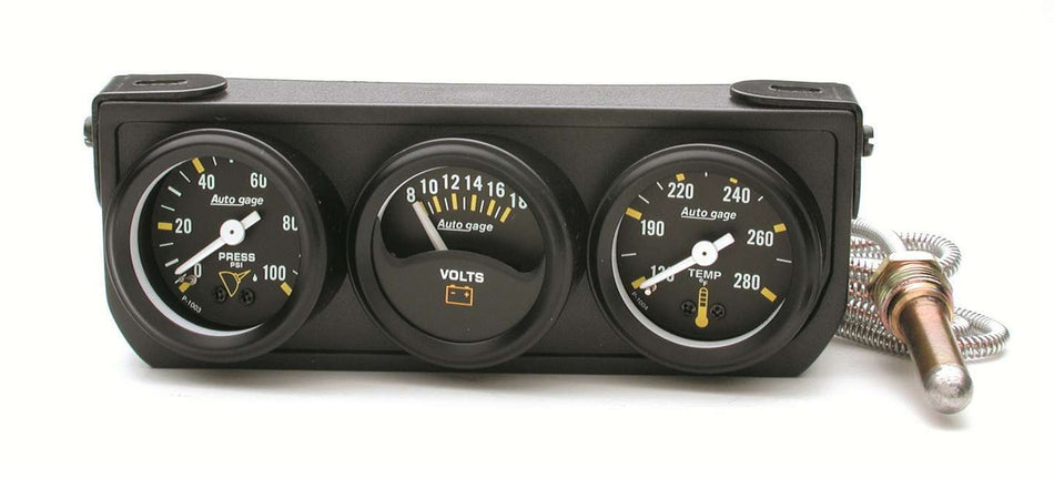AutoMeter Gauge Panel Assembly - Auto Gage - Analog - Oil Pressure / Voltmeter / Water Temperature - 1-1/2 in Diameter - Black Face - Kit
