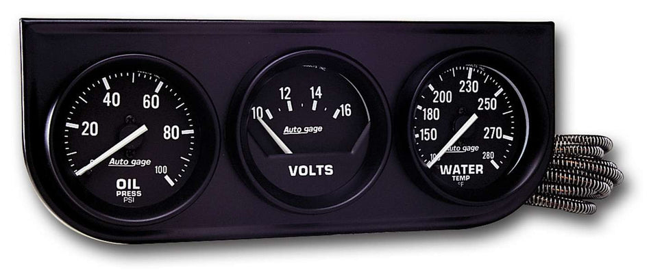 AutoMeter Gauge Panel Assembly - Auto Gage - Analog - Oil Pressure / Voltmeter / Water Temperature - 2-1/16 in Diameter - Black Face - Kit