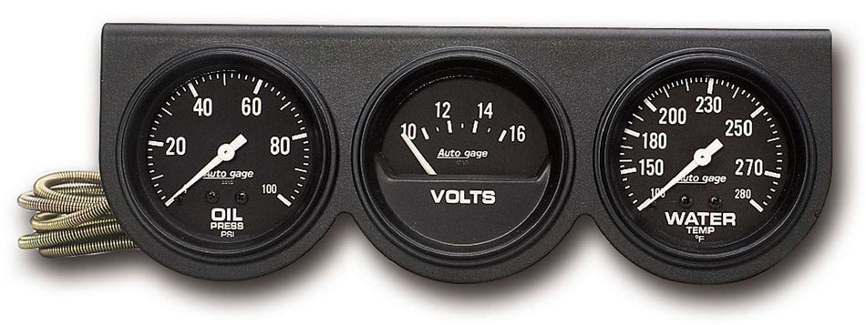 AutoMeter Gauge Panel Assembly - Auto Gage - Analog - Oil Pressure / Voltmeter / Water Temperature - 2-5/8 in Diameter - Black Face - Kit