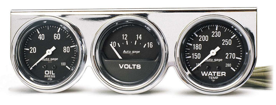 AutoMeter Gauge Panel Assembly - Auto Gage - Analog - Oil Pressure / Voltmeter / Water Temperature - 2-5/8 in Diameter - Black Face - Kit