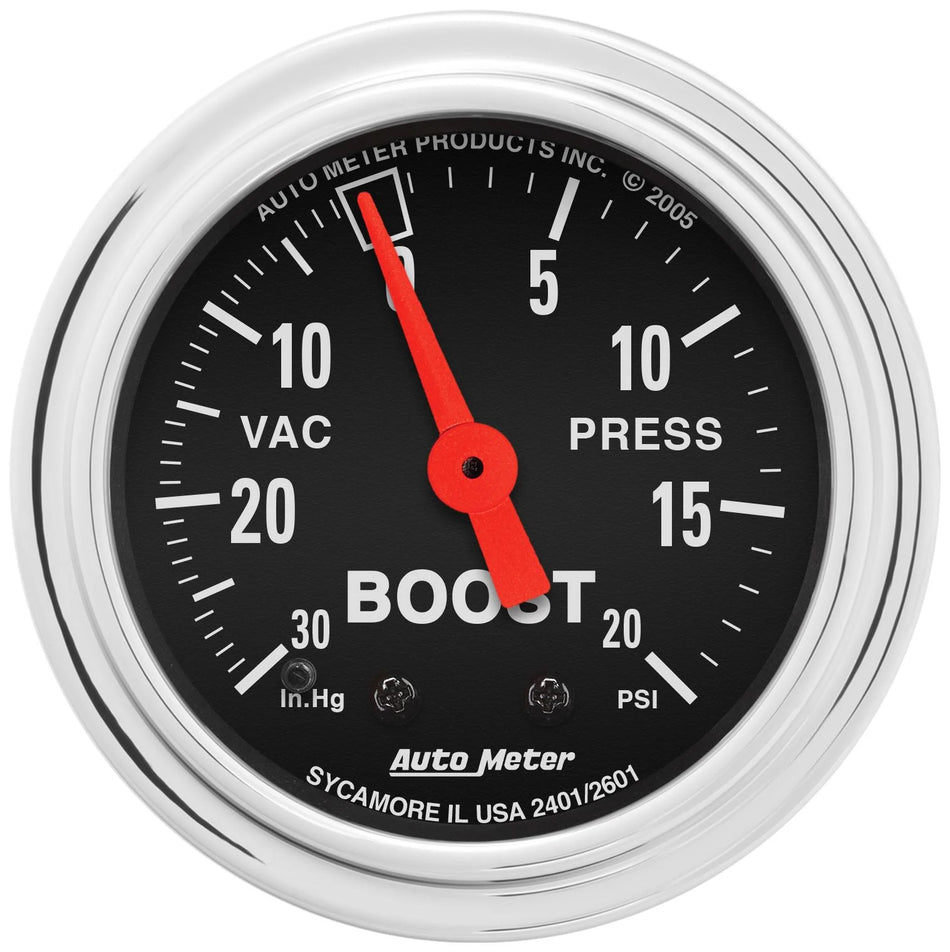AutoMeter Boost / Vacuum Gauge - Traditional Chrome - 30 in HG-20 psi - Mechanical - Analog - 2-1/16 in Diameter - Black Face - Each