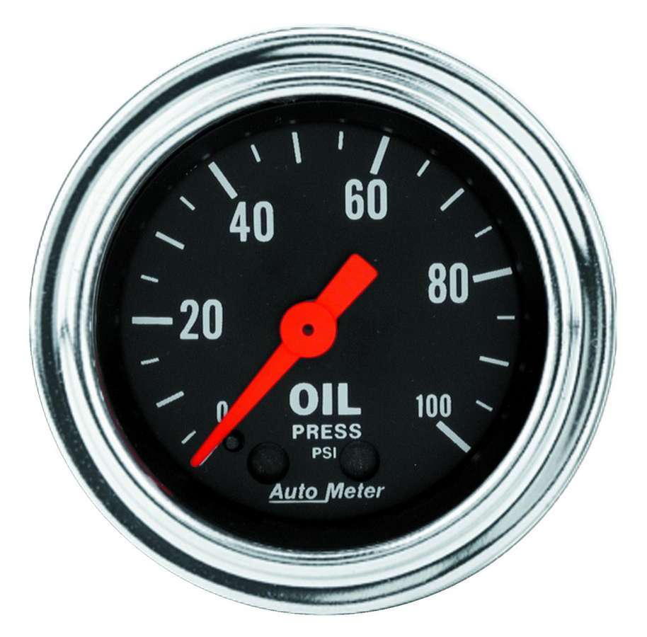 AutoMeter Oil Pressure Gauge - Traditional Chrome - 0-100 psi - Mechanical - Analog - Full Sweep - 2-1/16 in Diameter - Black Face - Each