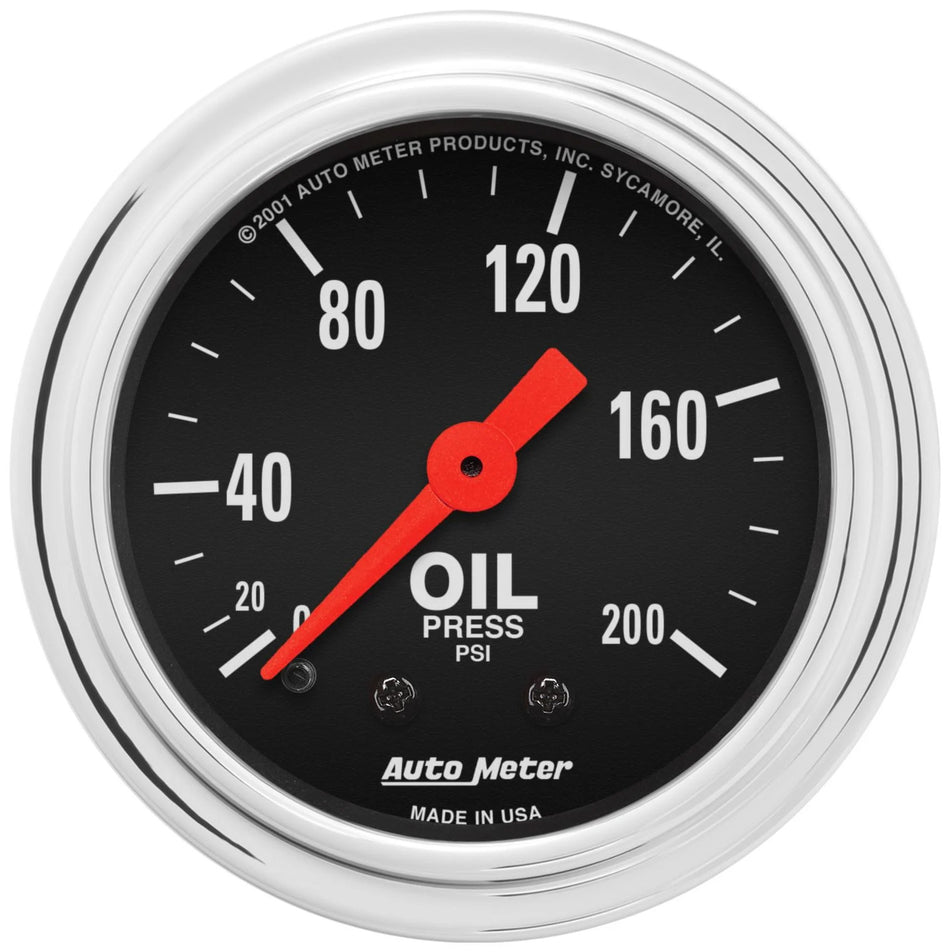 AutoMeter Oil Pressure Gauge - Traditional Chrome - 0-200 psi - Mechanical - Analog - Full Sweep - 2-1/16 in Diameter - Black Face - Each