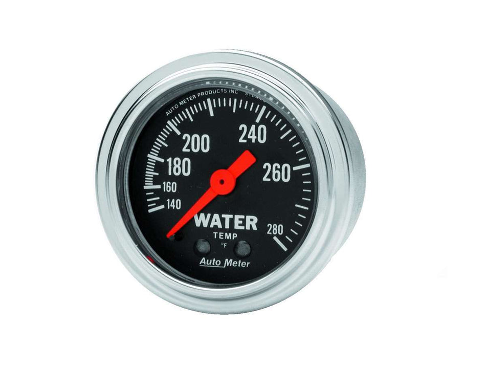 AutoMeter Water Temperature Gauge - Traditional Chrome - 140-280 Degree F - Mechanical - Analog - Full Sweep - 2-1/16 in Diameter - Black Face - Each