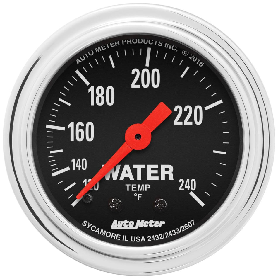 AutoMeter Water Temperature Gauge - Traditional Chrome - 120-240 Degree F - Mechanical - Analog - Full Sweep - 2-1/16 in Diameter - Black Face - Each
