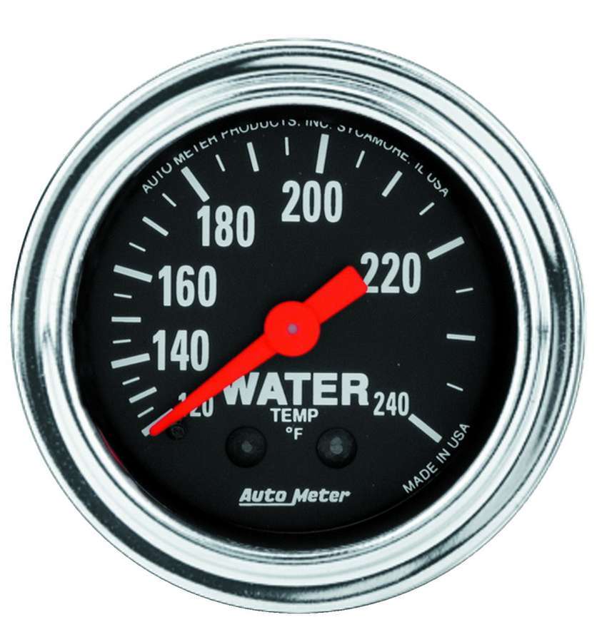 AutoMeter Water Temperature Gauge - Traditional Chrome - 120-240 Degree F - Mechanical - Analog - Full Sweep - 2-1/16 in Diameter - Black Face - Each