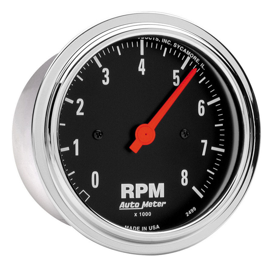 AutoMeter Tachometer - Traditional Chrome - 8000 RPM - Electric - Analog - 3-3/4 in Diameter - Dash Mount - Black Face - Each