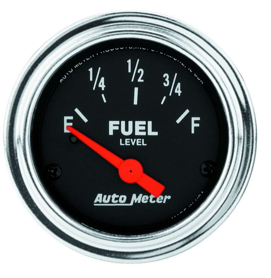 AutoMeter Fuel Level Gauge - Traditional Chrome - 0-90 ohm - Electric - Analog - Short Sweep - 2-1/16 in Diameter - Black Face - Each