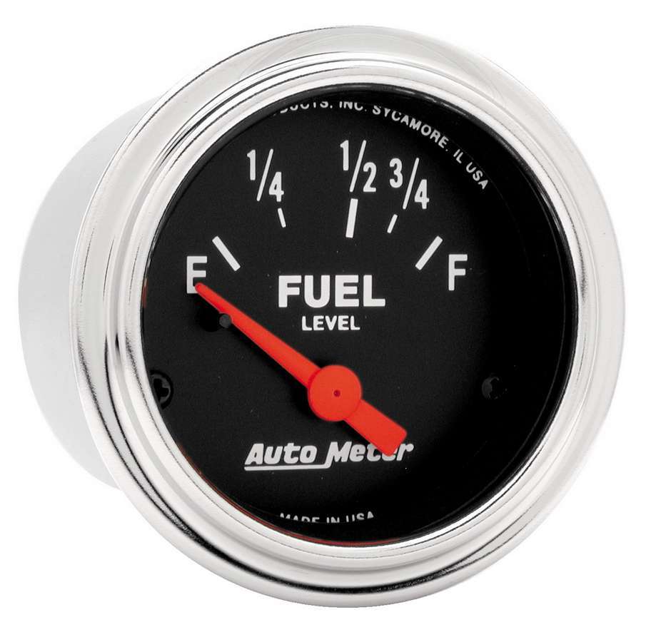 AutoMeter Fuel Level Gauge - Traditional Chrome - 73-10 ohm - Electric - Analog - Short Sweep - 2-1/16 in Diameter - Black Face - Each