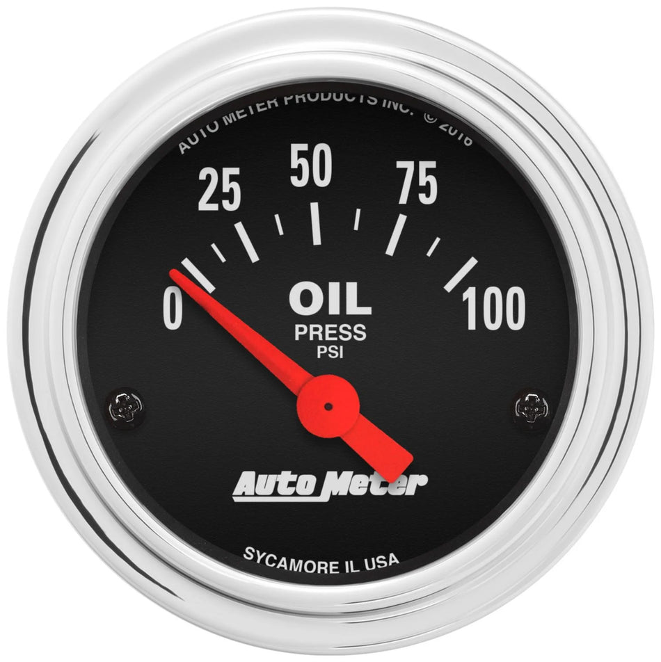 AutoMeter Oil Pressure Gauge - Traditional Chrome - 0-100 psi - Electric - Analog - Short Sweep - 2-1/16 in Diameter - Black Face - Each