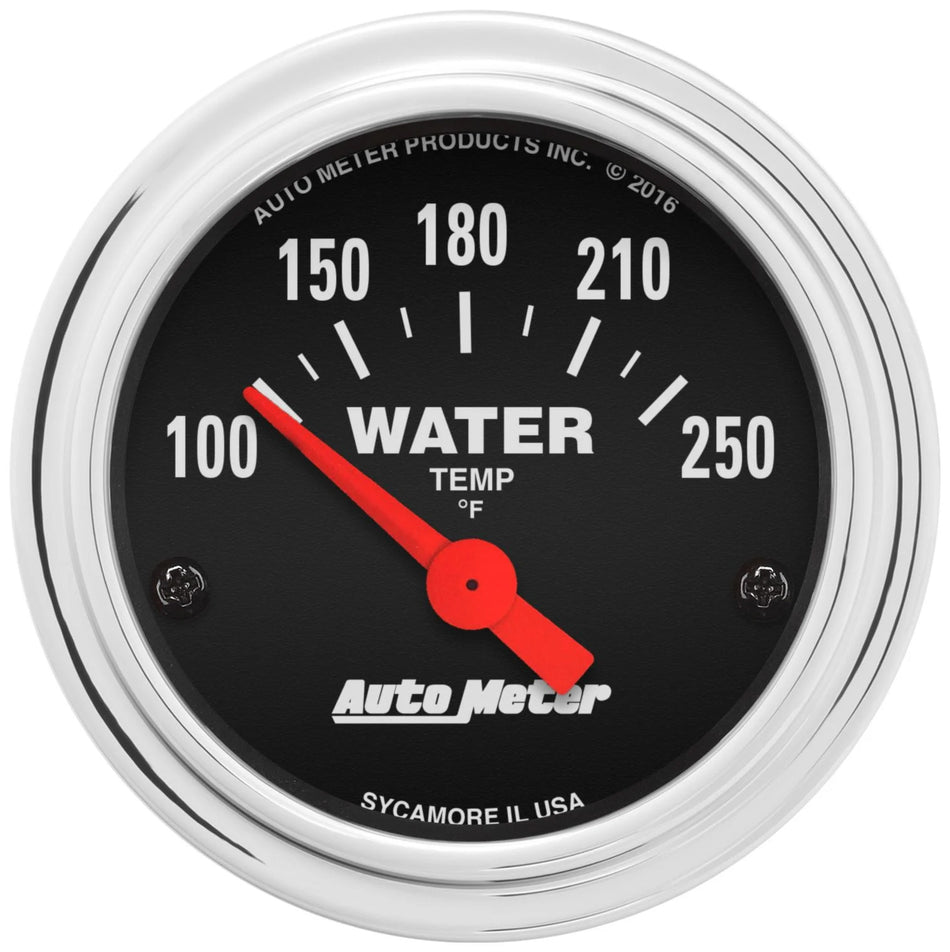 AutoMeter Water Temperature Gauge - Traditional Chrome - 100-250 Degree F - Electric - Analog - Short Sweep - 2-1/16 in Diameter - Black Face - Each