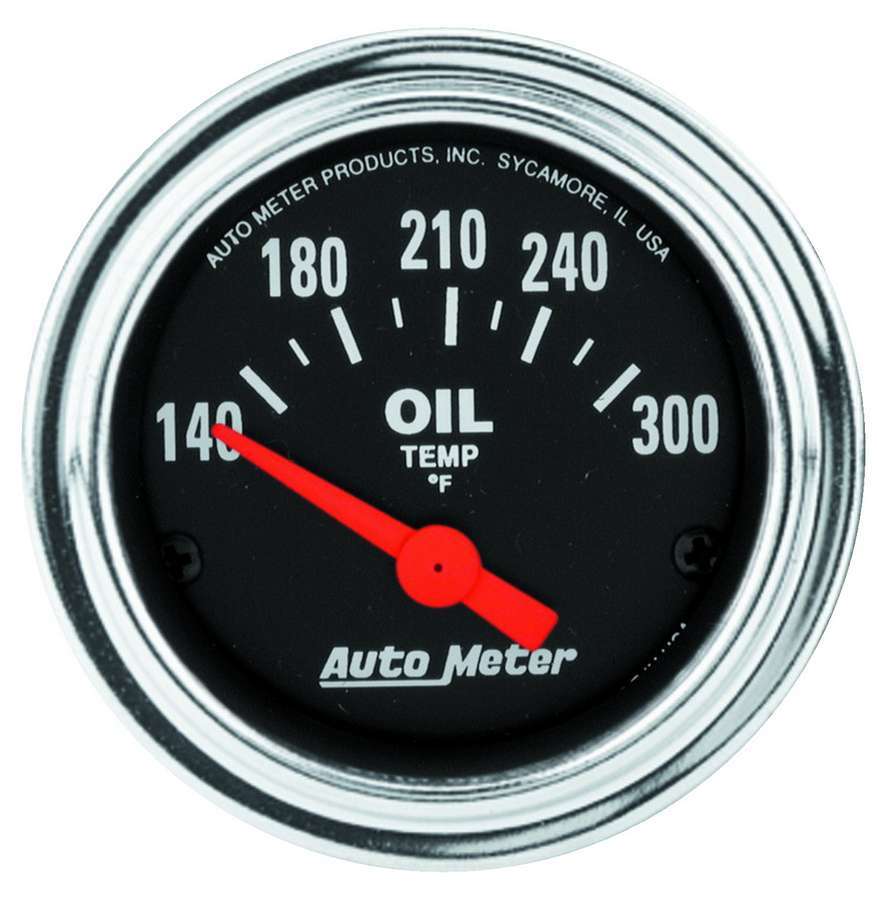 AutoMeter Oil Temperature Gauge - Traditional Chrome - 140-300 Degree F - Electric - Analog - Short Sweep - 2-1/16 in Diameter - Black Face - Each