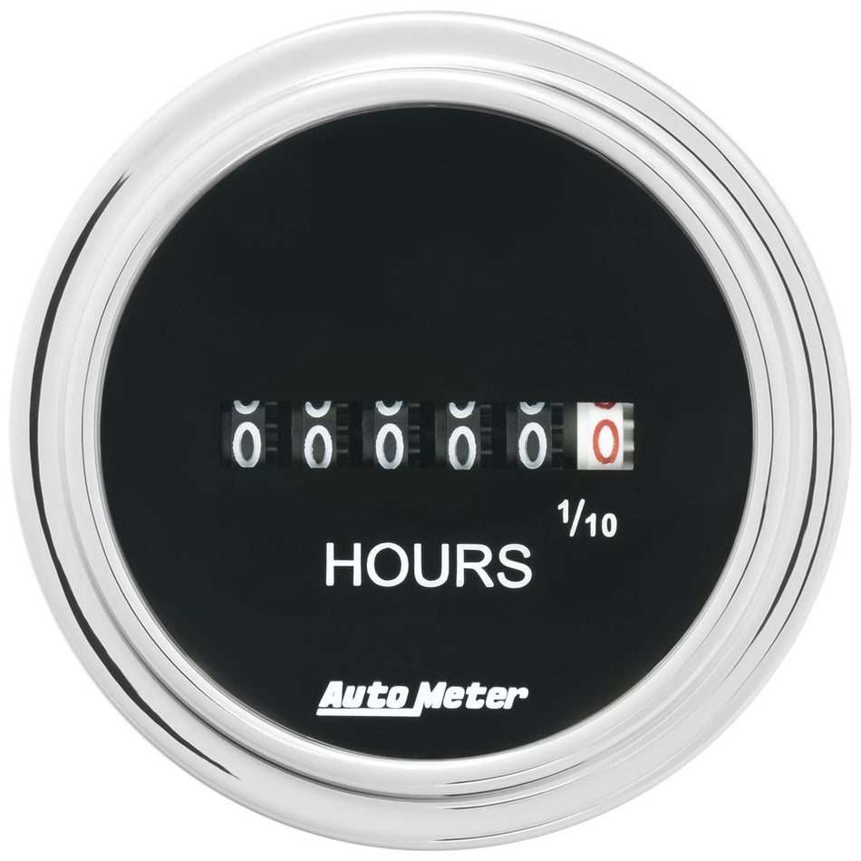 AutoMeter Hour Meter - Traditional Chrome - 0-99999 hrs - Electric - Analog - 2-1/16 in Diameter - Black Face - Each