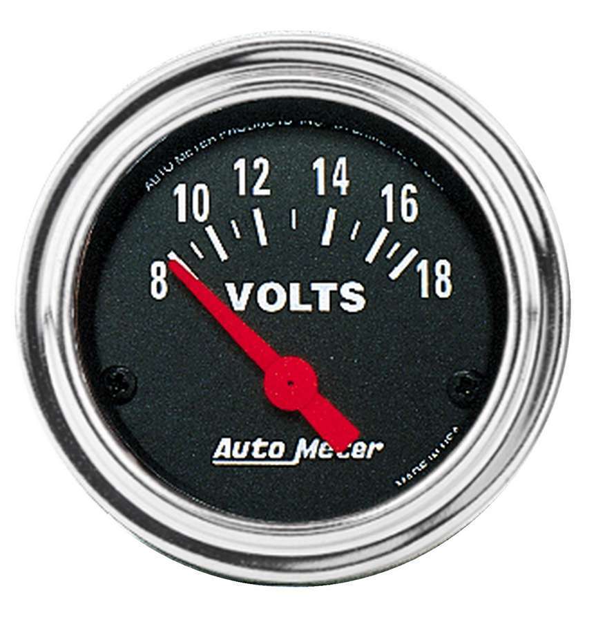 AutoMeter Voltmeter - Traditional Chrome - 8-18V - Electric - Analog - Short Sweep - 2-1/16 in Diameter - Black Face - Each