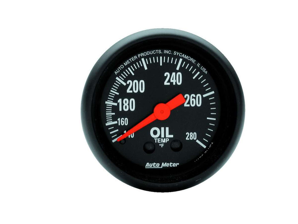 AutoMeter Oil Temperature Gauge - Z-series - 140-280 Degree F - Mechanical - Analog - Full Sweep - 2-1/16 in Diameter - Black Face - Each