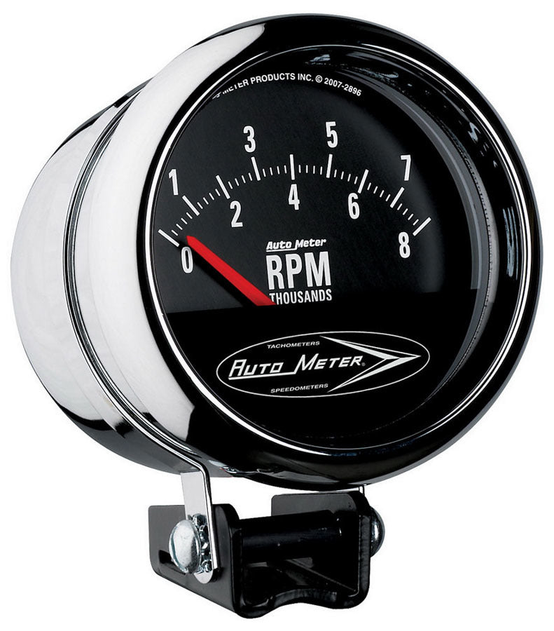 AutoMeter Tachometer - Traditional Chrome - 8000 RPM - Electric - Analog - Short Sweep - 3-3/4 in Diameter - Pedestal Mount - Black Face - Each