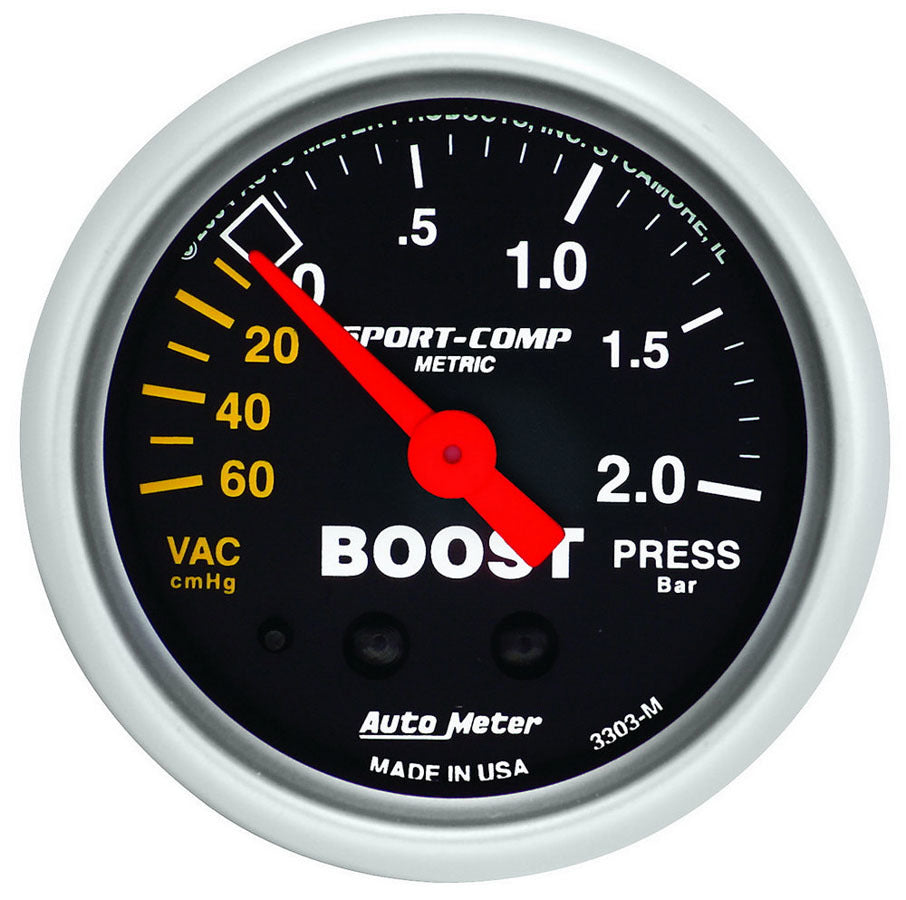 AutoMeter Boost / Vacuum Gauge - Sport-Comp - 60cm HG-2.0 Bar - Mechanical - Analog - 2-1/16 in Diameter - Black Face - Each