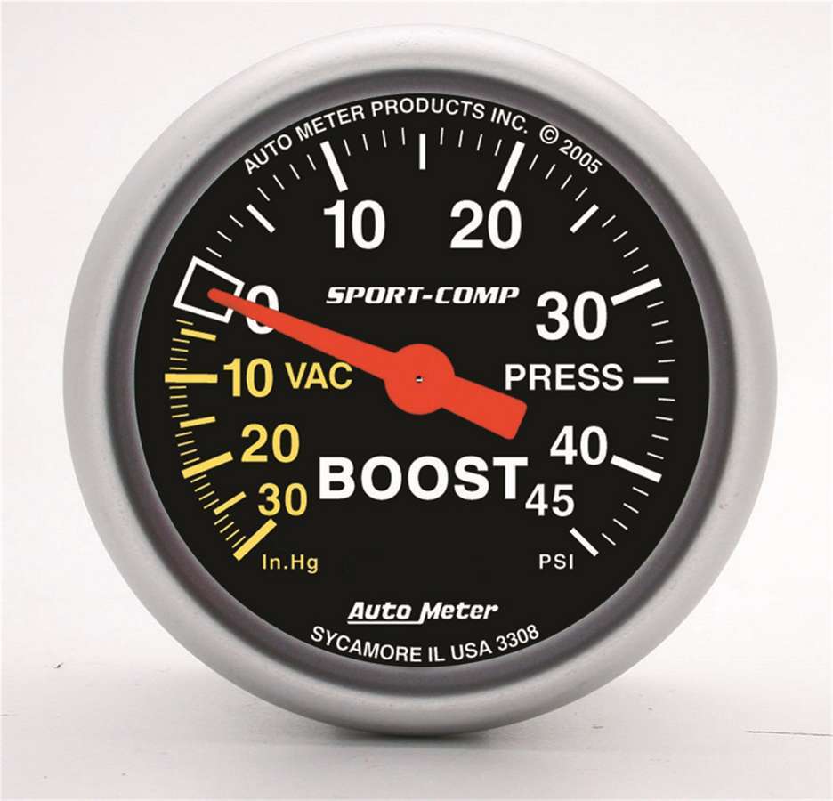 AutoMeter Boost / Vacuum Gauge - Sport-Comp - 30 in HG-45 psi - Mechanical - Analog - 2-1/16 in Diameter - Black Face - Each