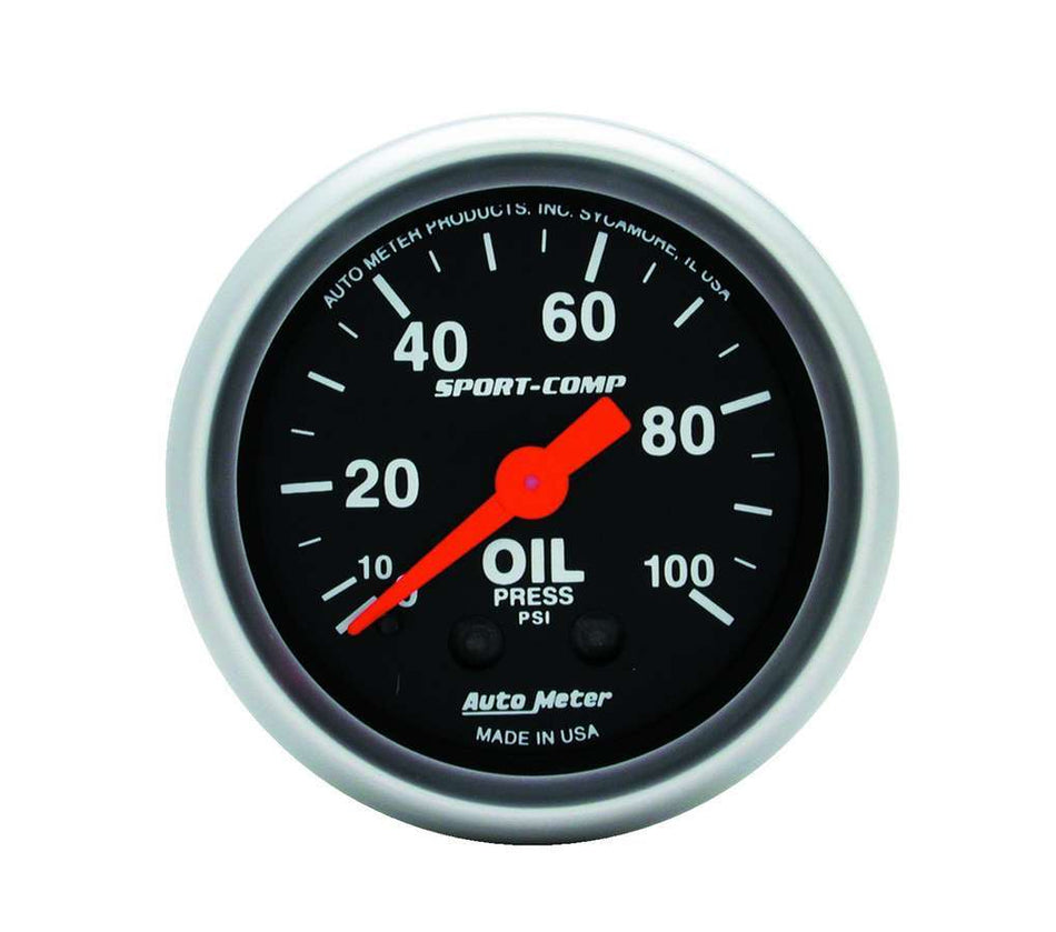 AutoMeter Oil Pressure Gauge - Sport-Comp - 0-100 psi - Mechanical - Analog - Full Sweep - 2-1/16 in Diameter - Black Face - Each