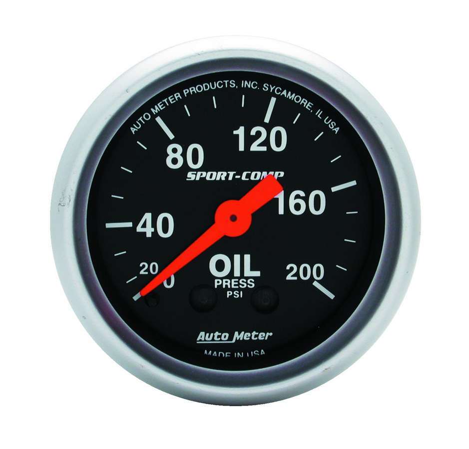 AutoMeter Oil Pressure Gauge - Sport-Comp - 0-200 psi - Mechanical - Analog - Full Sweep - 2-1/16 in Diameter - Black Face - Each