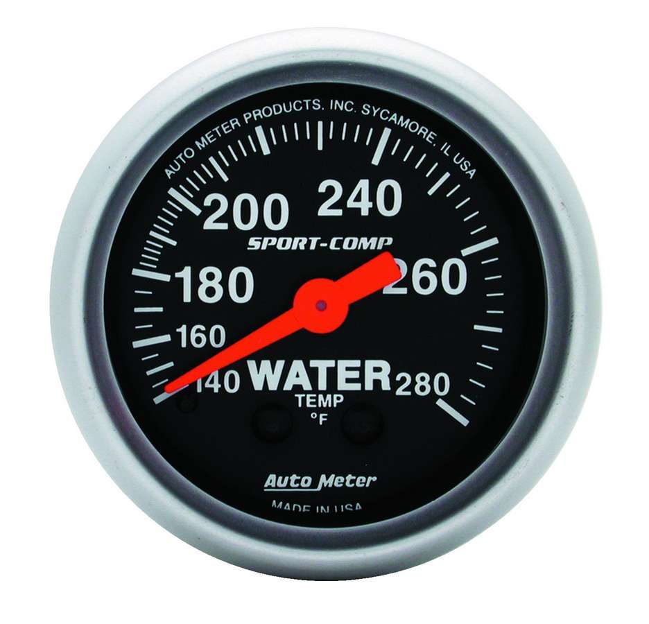 AutoMeter Water Temperature Gauge - Sport-Comp - 140-280 Degree F - Mechanical - Analog - Full Sweep - 2-1/16 in Diameter - Black Face - Each