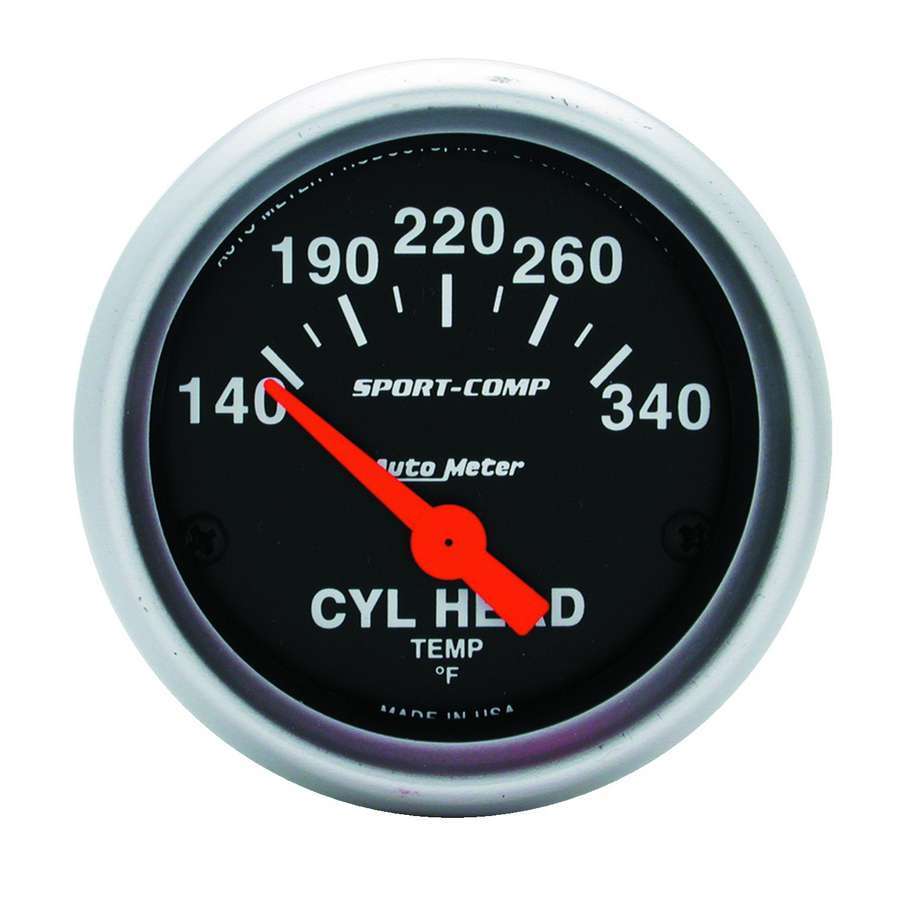 AutoMeter Cylinder Head Temperature Gauge - Sport-Comp - 140-340 Degree F - Electric - Analog - Short Sweep - 2-1/16 in Diameter - Black Face - Each