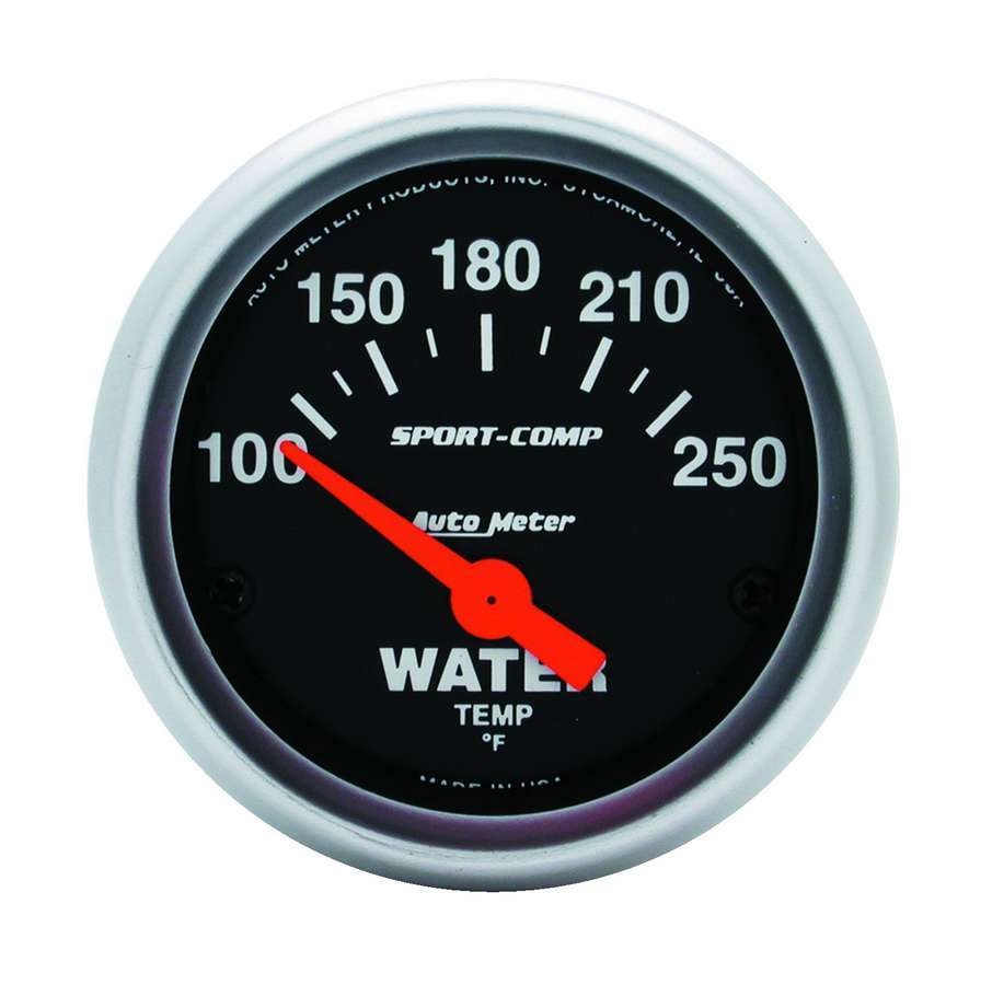 AutoMeter Water Temperature Gauge - Sport-Comp - 100-250 Degree F - Electric - Analog - Short Sweep - 2-1/16 in Diameter - Black Face - Each