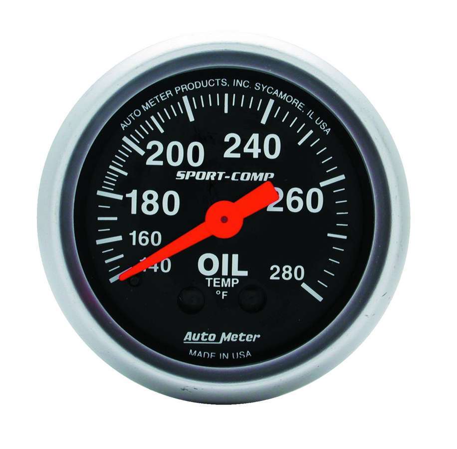 AutoMeter Oil Temperature Gauge - Sport-Comp - 140-280 Degree F - Mechanical - Analog - Full Sweep - 2-1/16 in Diameter - Black Face - Each