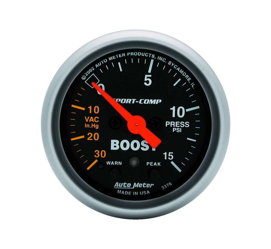 AutoMeter Boost / Vacuum Gauge - Sport-Comp - 30 in HG-15 psi - Electric - Analog - Full Sleep - 2-1/16 in Diameter - Peak and Warn - Black Face - Each