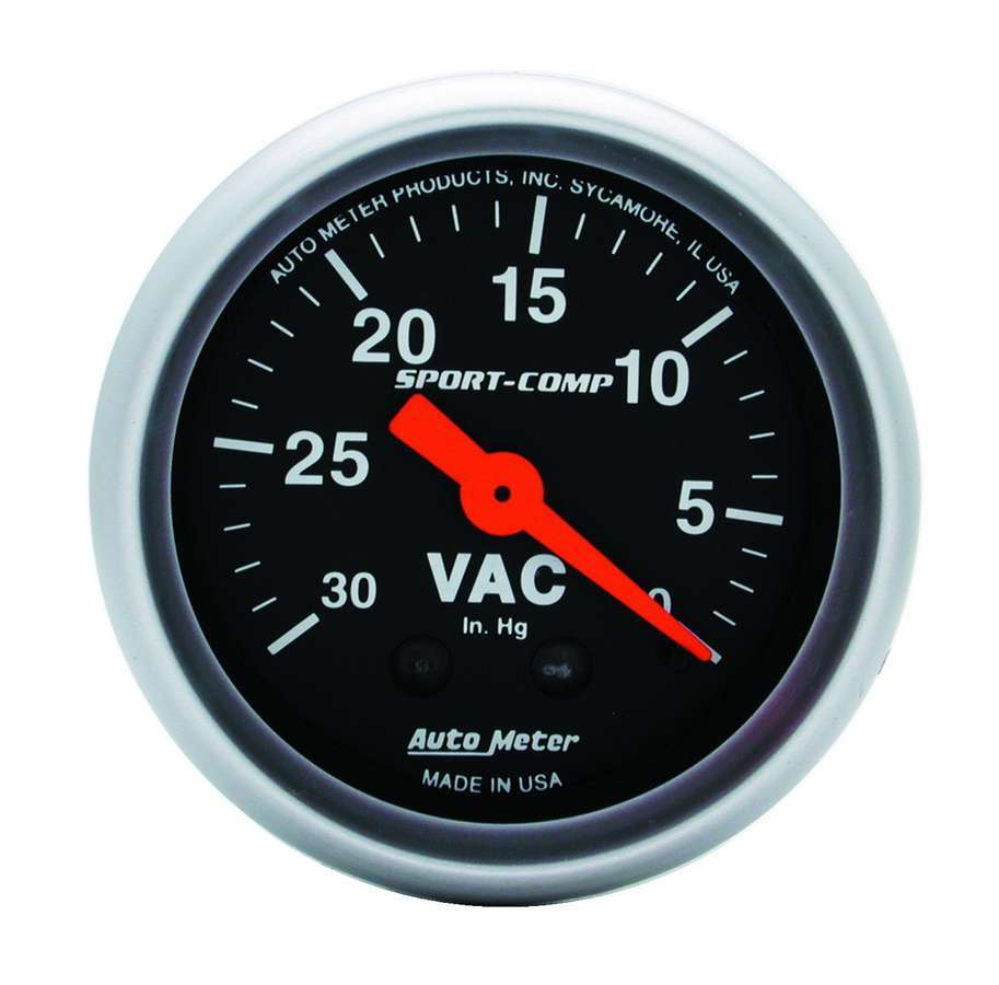 AutoMeter Vacuum Gauge - Sport-Comp - 0-30 in HG - Mechanical - Analog - 2-1/16 in Diameter - Black Face - Each