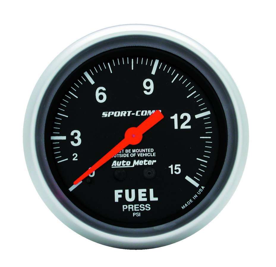 AutoMeter Fuel Pressure Gauge - Sport-Comp - 0-15 psi - Mechanical - Analog - Full Sweep - 2-5/8 in Diameter - Black Face - Each