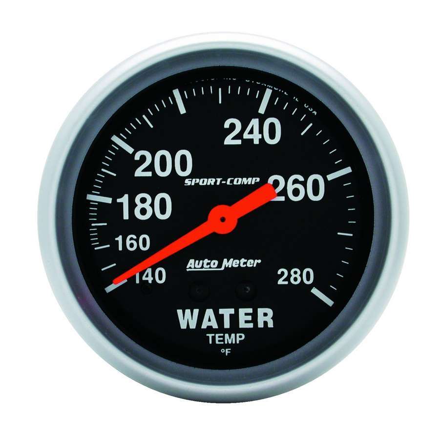 AutoMeter Water Temperature Gauge - Sport-Comp - 140-280 Degree F - Mechanical - Analog - Full Sweep - 2-5/8 in Diameter - Black Face - Each