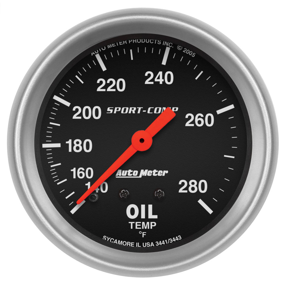 AutoMeter Oil Temperature Gauge - Sport-Comp - 140-280 Degree F - Mechanical - Analog - Full Sweep - 2-5/8 in Diameter - Black Face - Each