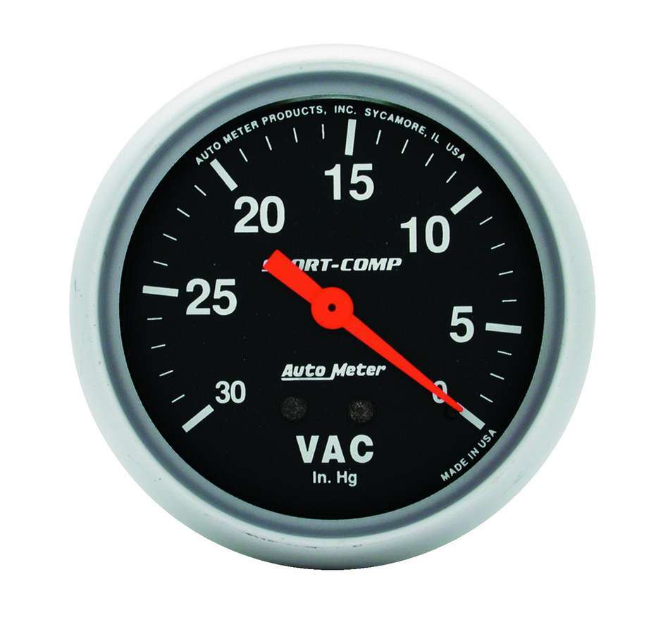 AutoMeter Vacuum Gauge - Sport-Comp - 0-30 in HG - Mechanical - Analog - 2-5/8 in Diameter - Black Face - Each