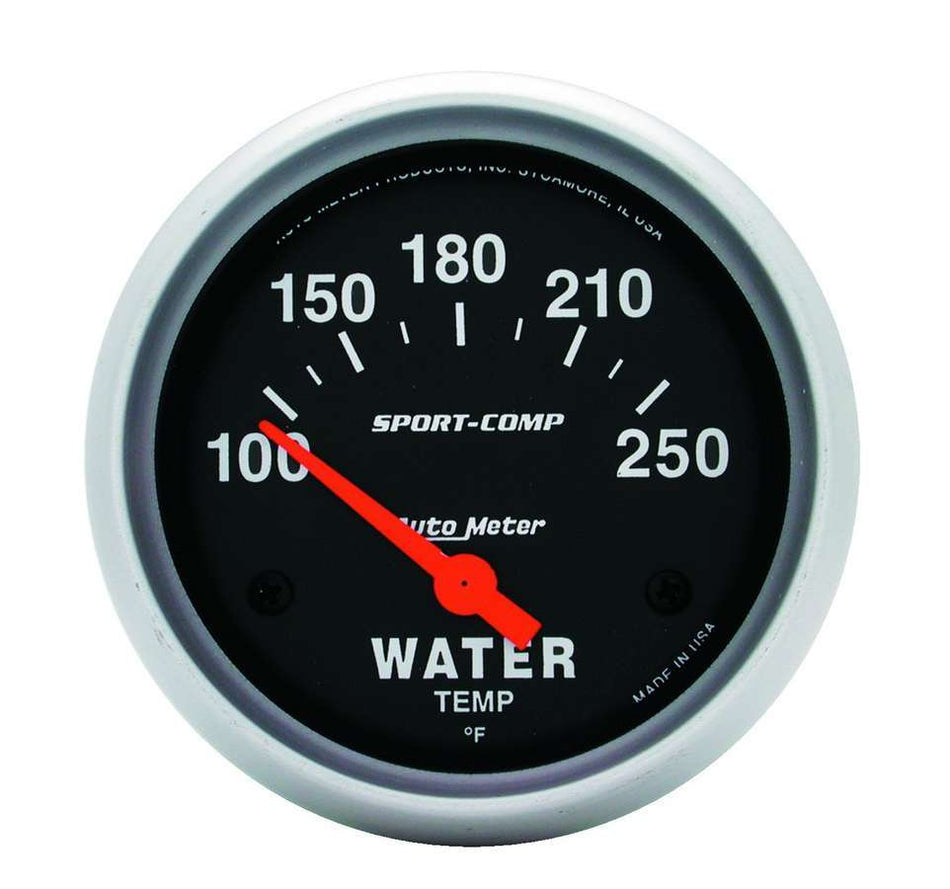AutoMeter Water Temperature Gauge - Sport-Comp - 100-250 Degree F - Electric - Analog - Short Sweep - 2-5/8 in Diameter - Black Face - Each