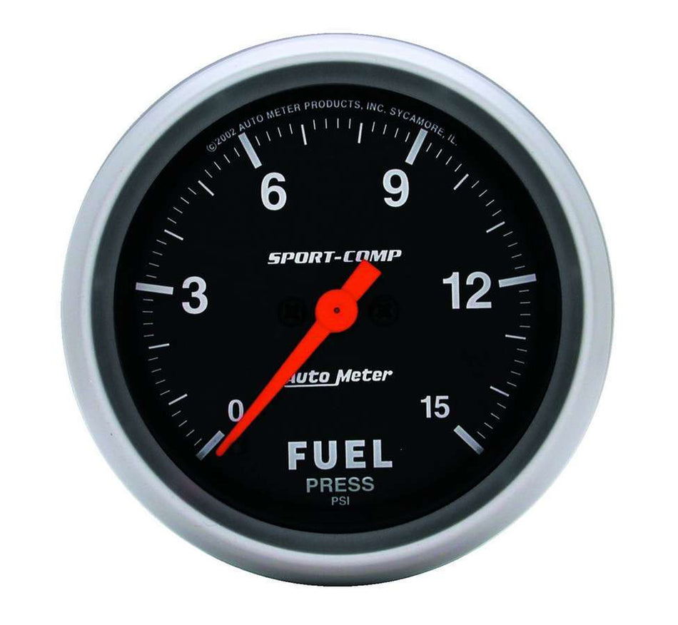 AutoMeter Fuel Pressure Gauge - Sport-Comp - 0-15 psi - Electric - Analog - Full Sweep - 2-5/8 in Diameter - Black Face - Each