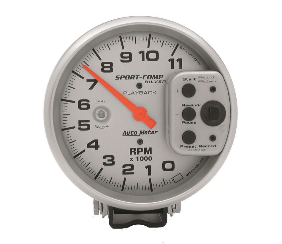 AutoMeter Tachometer - Ultra-Lite - 11000 RPM - Electric - Analog - 5 in Diameter - Pedestal Mount - Playback - Silver Face - Each