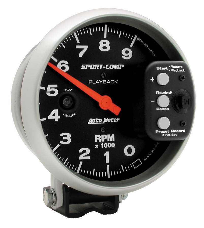 AutoMeter Tachometer - Sport-Comp - 9000 RPM - Electric - Analog - 5 in Diameter - Pedestal Mount - Playback - Black Face - Each